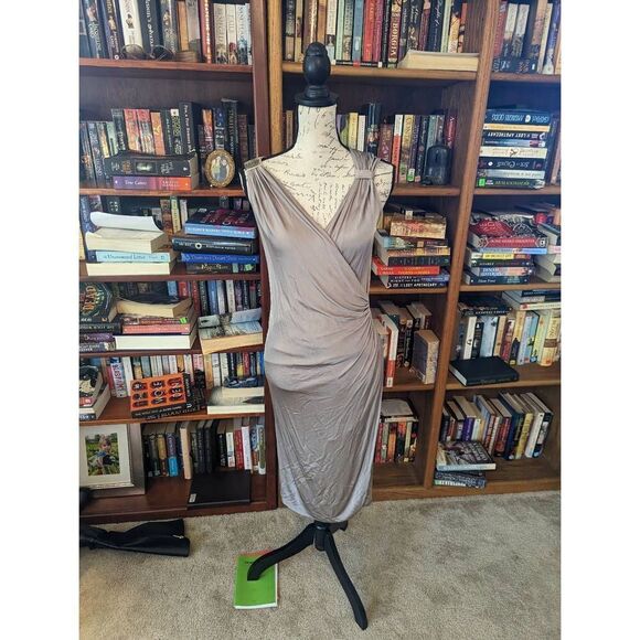 D. exterior grey jersey knit faux wrap jeweled strap cocktail dress sz m - Picture 2 of 8